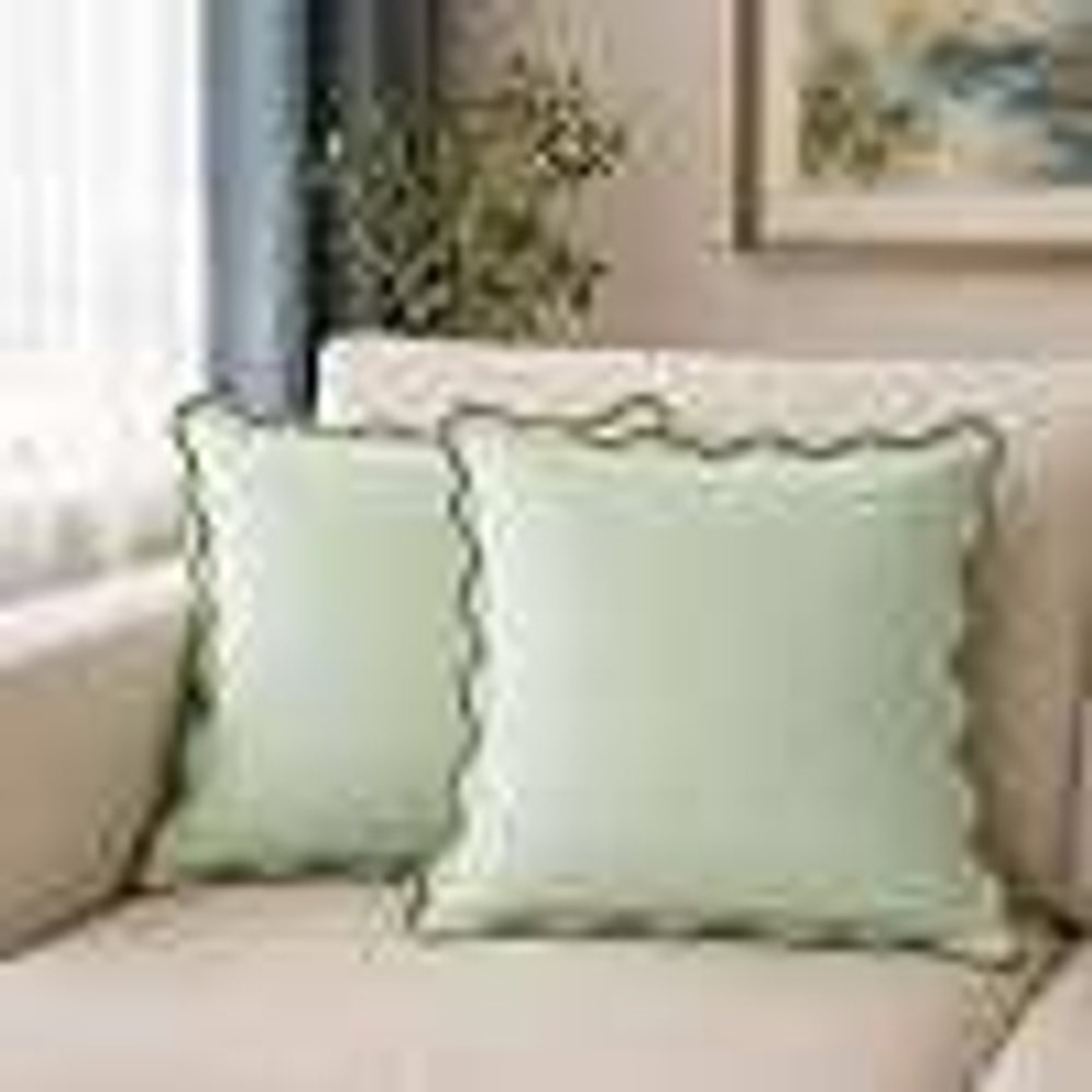 Folkulture Set of 2 Scallop Embroidery Oasis Cushion Cover Forest Sage 18x18 NEW